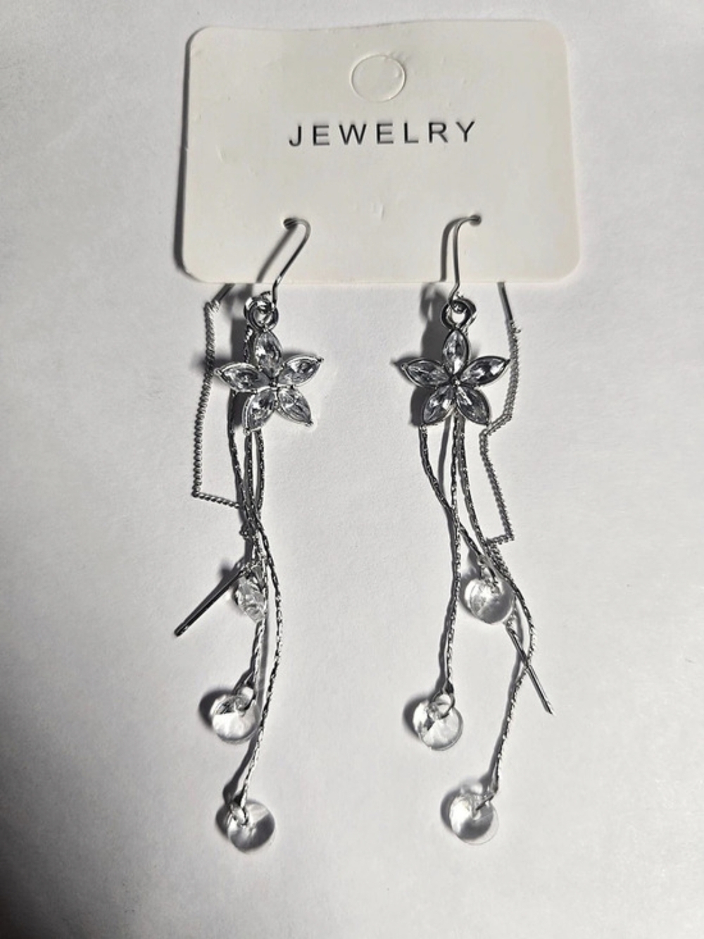 Silver Tone Clear Rhinestone Flower Dangle Earrings Long Tassel Drop Statement